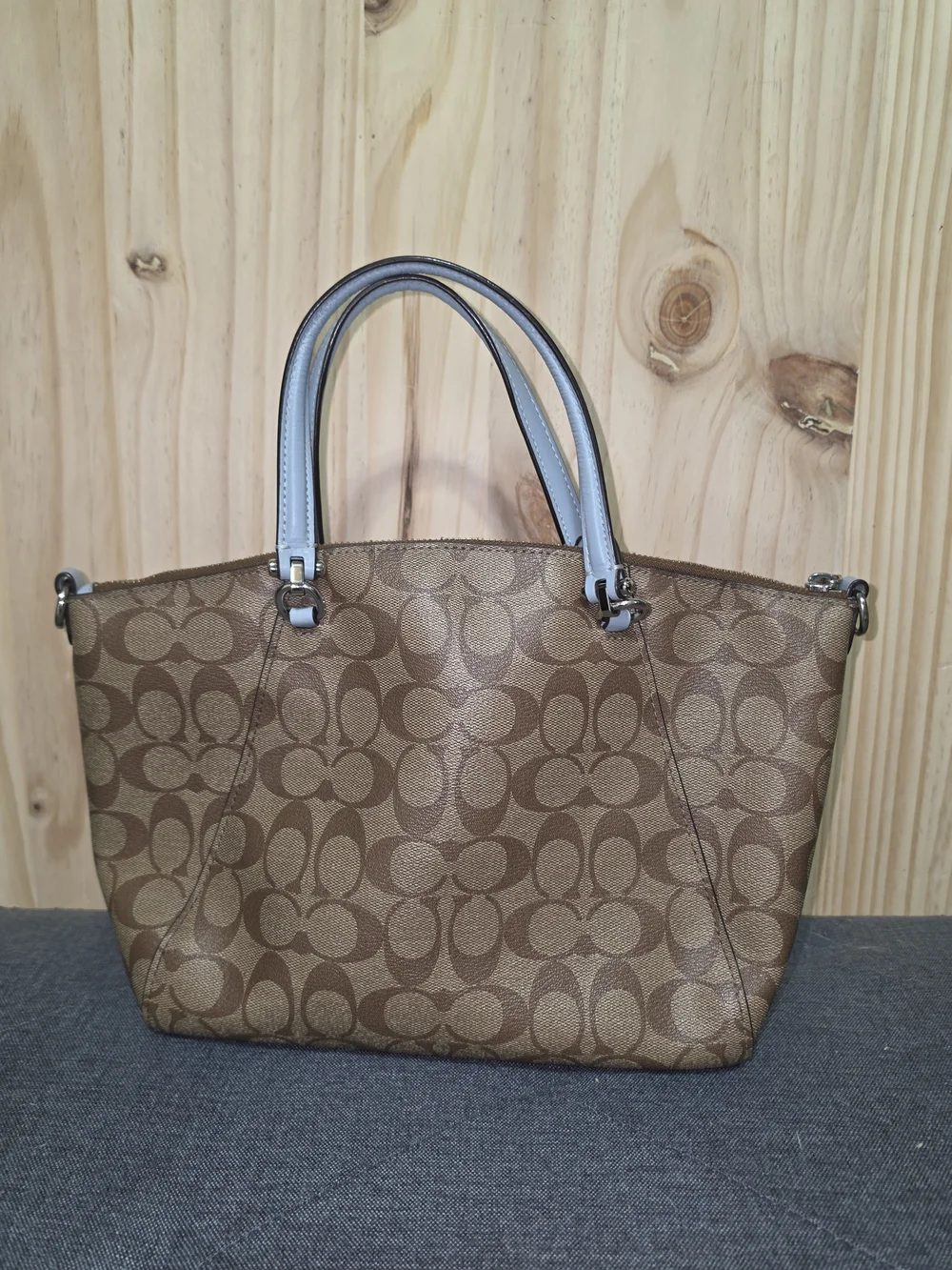Coach Brown Signature Canvas Tote with Chalk Trim and Matching Wallet